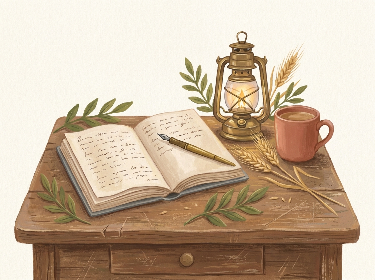 Illustration of an open journal, pen, lantern and wheat on a desk